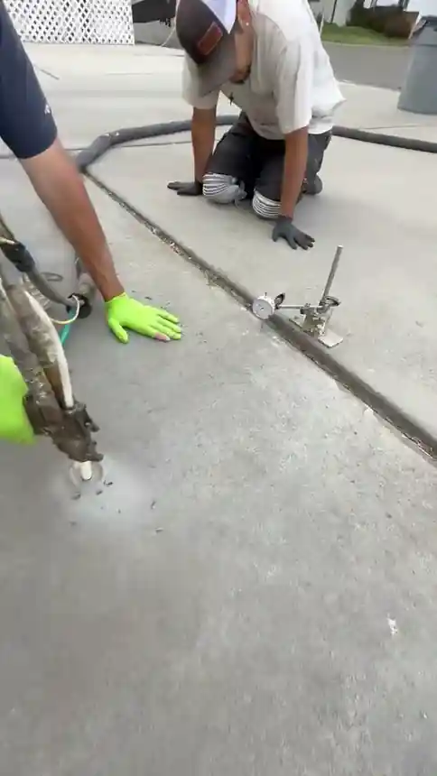 The injection gun with foam going in through a port drilled in the slab