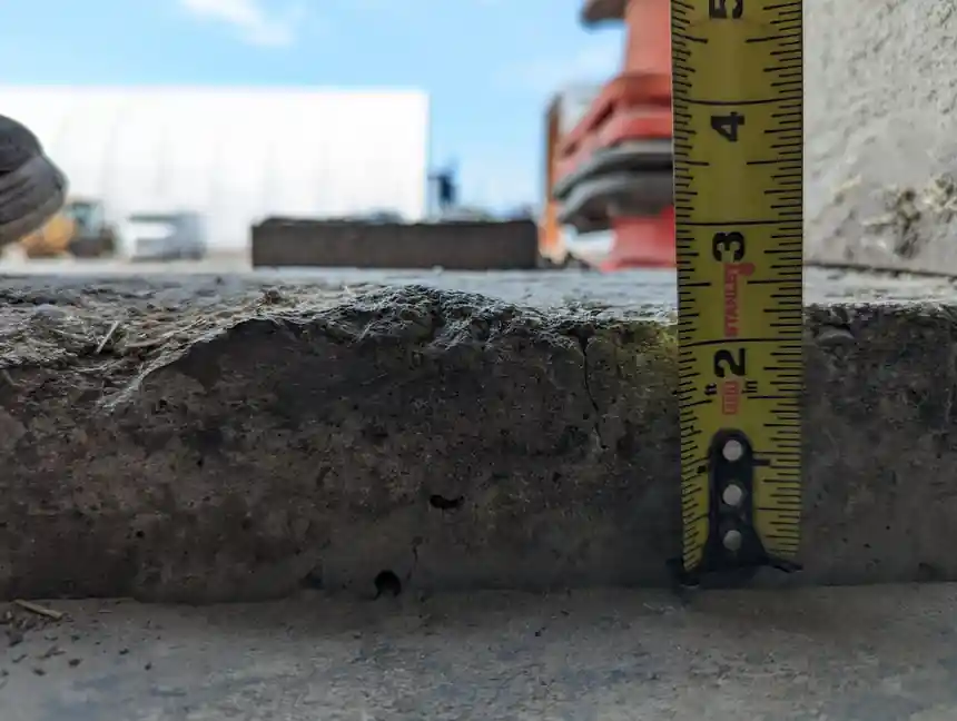 Tape measure against the dropped edge of a slab, about three inches of settlement
