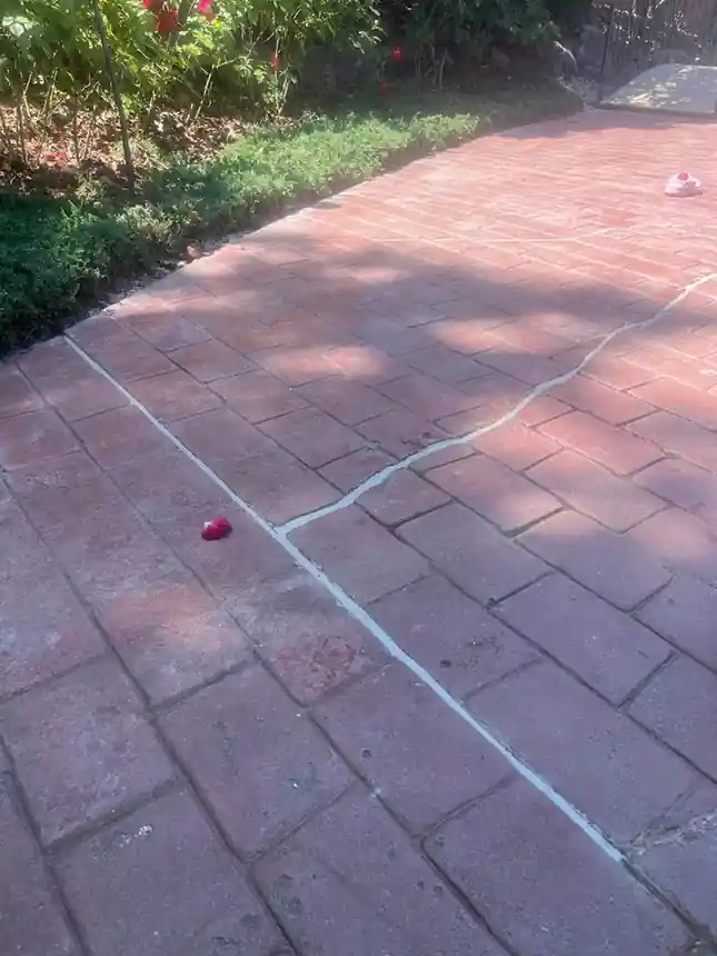 A crack across a stamped brick patio, cleaned out and sealed