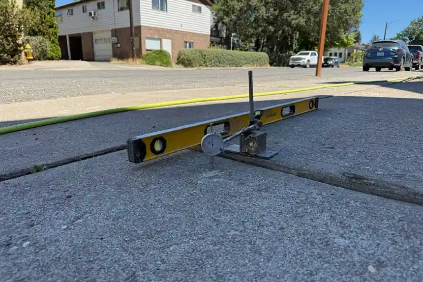 A yellow level laid across a street-side slab to check how far it has settled